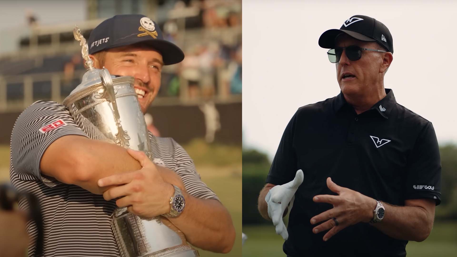 Split image of Bryson DeChambeau hugging U.S. Open trophy and Phil Mickelson in an instruction video.