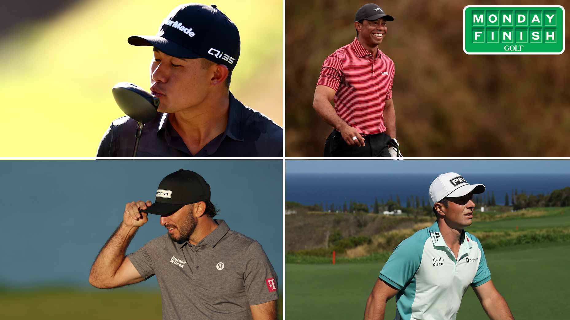 Collin Morikawa, Tiger Woods, Viktor Hovland, Max Homa (clockwise from top left).